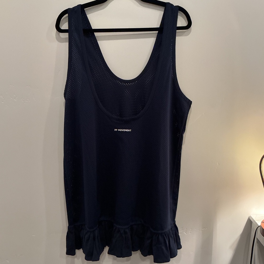FP Movement Twirl Tunic Tank Navy Blue Mesh Ruffle Hem Relaxed Fit Medium - Picture 3 of 6